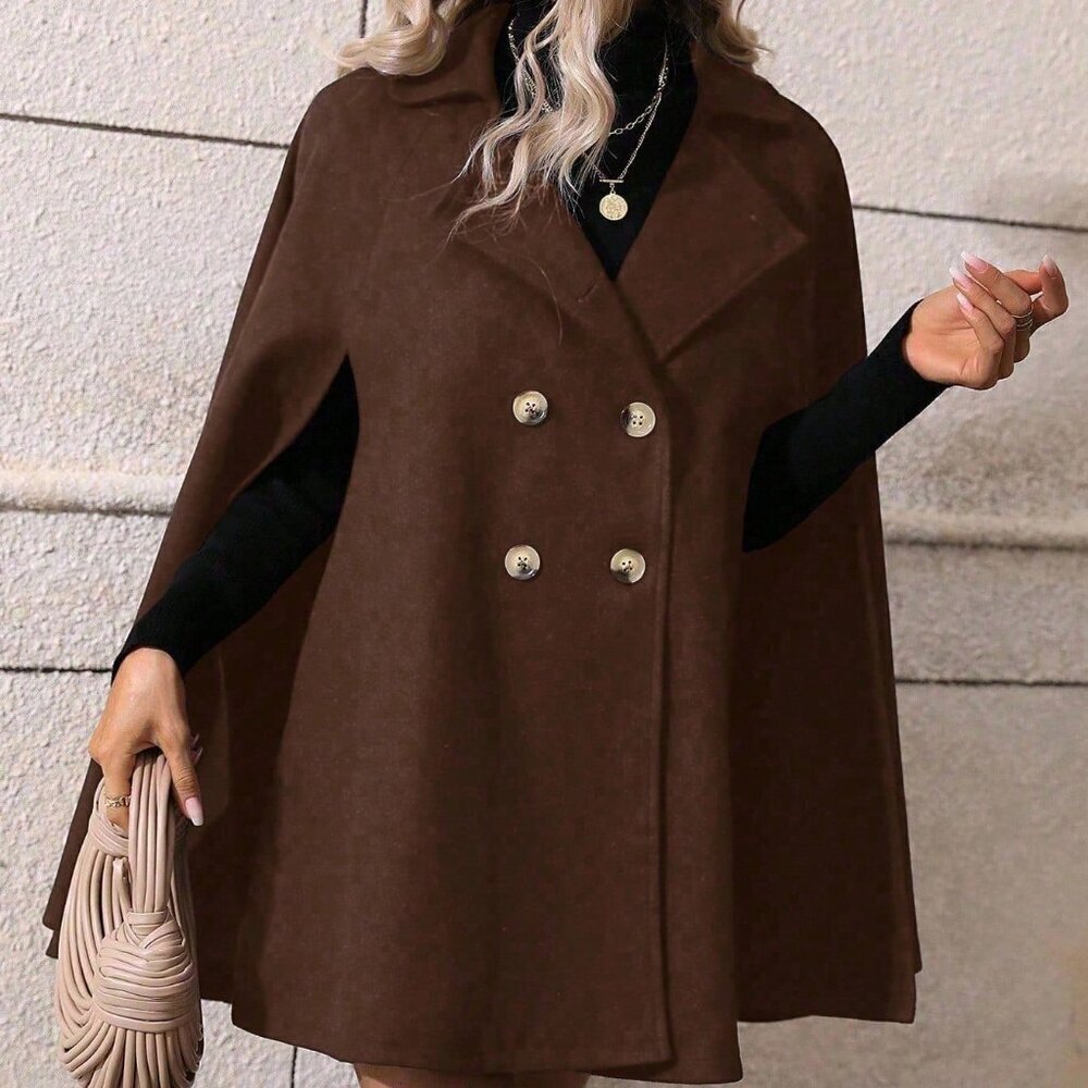 Coffee Brown Elegant Women's Minimalist Poncho Overcoat - Picture 5 of 7